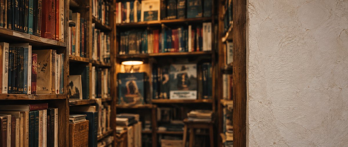 Shelves of secondhand books beside a pale wall.