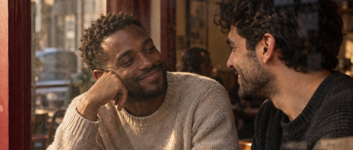 Two men at a café table by a window, hands together, mid-conversation.