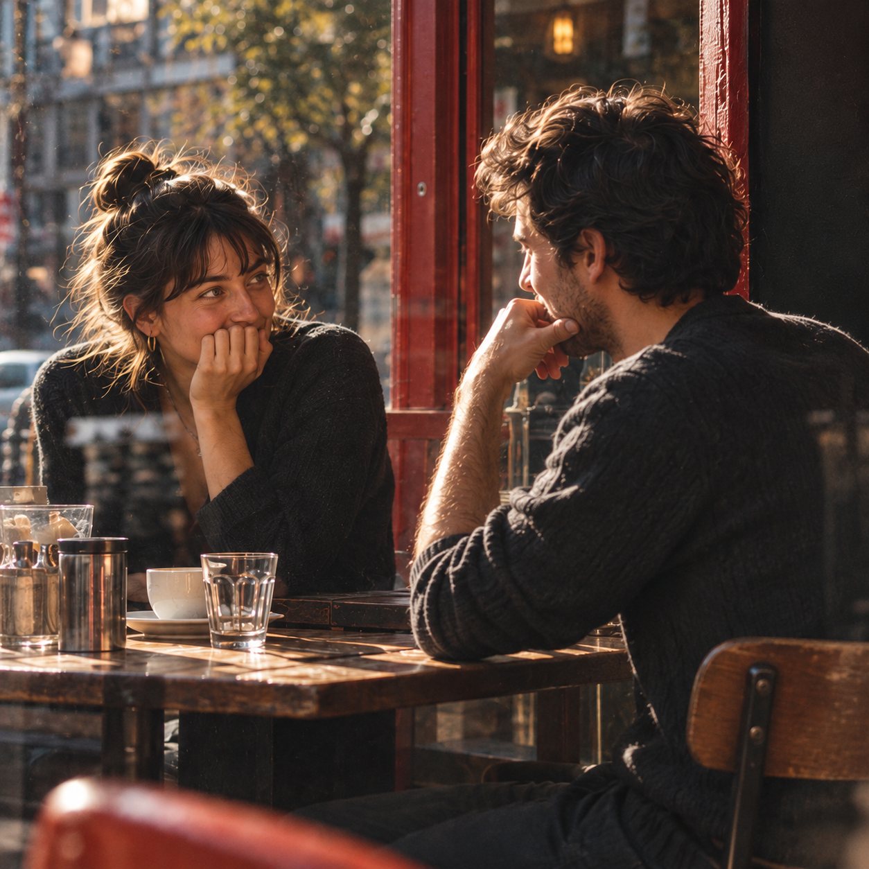 Two people talking across a café table by a window, mid-conversation.
