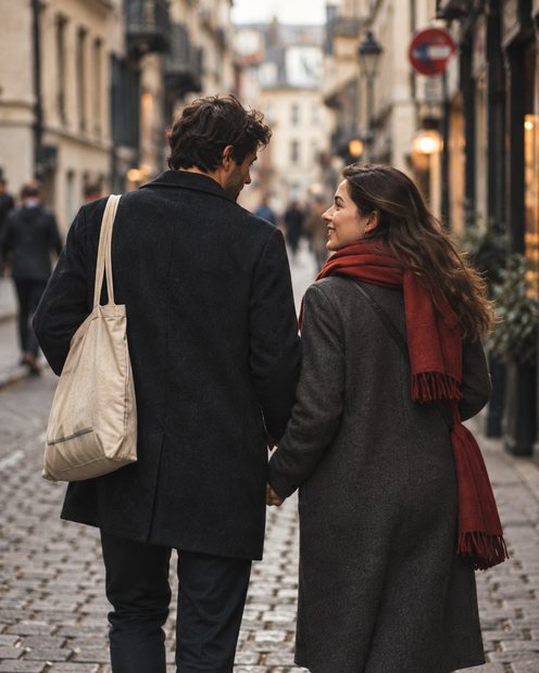 Two people walking a cobbled street together, one wearing a red scarf.